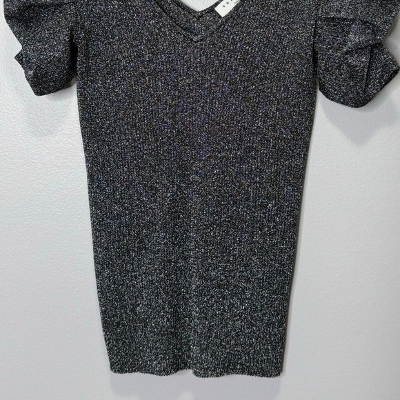 Sandro Metallic Puffed Sleeve Stretch Knit Top Silver Women Small Chic Dressy - Picture 5 of 12